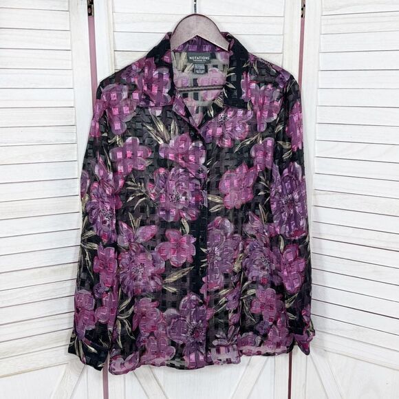 Vintage Notations Sheer Floral Check Shimmer Blouse Black Purple Large - Picture 7 of 11
